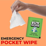 Close-up of the emergency underpants and butt saver wet wipe from the Pelto survival kit.