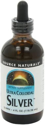 Source Naturals Ultra Colloidal Silver amber glass bottle displaying non GMO and vegetarian verified badges