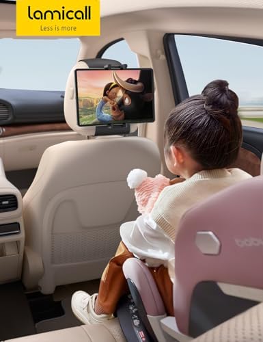 Lamicall universal car backseat mount holding a thirteen inch tablet securely during a road trip.