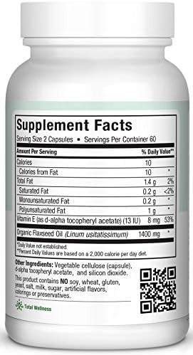 Maxi Health vegetarian flaxseed oil capsules supplement facts and organic cold pressed label