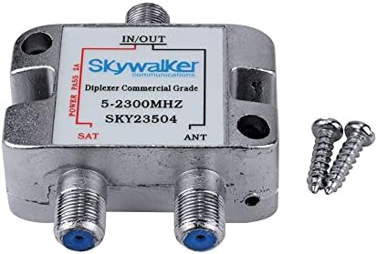 Skywalker commercial grade satellite diplexer packaging showing full product dimensions and compliance tags.