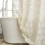 Top portion of the YJ YANJUN lace curtain highlighting the 12 reinforced hook holes and sheer valance layer