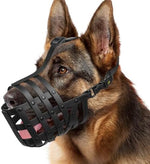 Side view of Mayerzon humane basket muzzle on dog