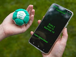 Smart tracker hacky sack paired with a smartphone screen showing real-time kick counts.