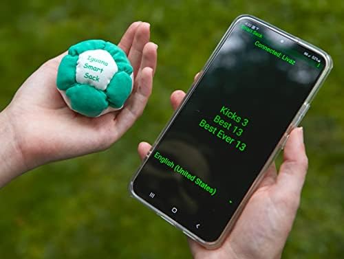 Smart tracker hacky sack paired with a smartphone screen showing real-time kick counts.