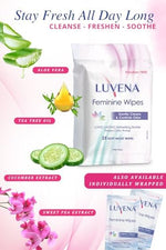 Luvena feminine hygiene wipes showing the resealable opening for on-the-go use.