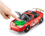 Customized die-cast racing cars showing the illuminated lights and sound features during play.