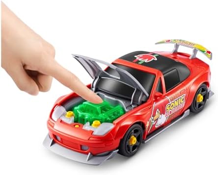 Customized die-cast racing cars showing the illuminated lights and sound features during play.