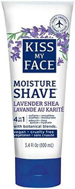 Back packaging of Kiss My Face 4-in-1 Moisture Shave cream detailing the vegan botanical ingredients and usage instructions.