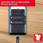 SanDisk 128GB flash drive black swivel cap protecting dual connectivity ports