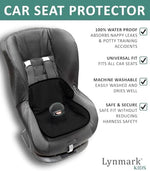 Lynmark car seat liner showing universal buckle hole design