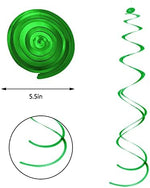 Close-up of metallic PVC party spiral decorations hanging from a white ceiling for wedding decor.