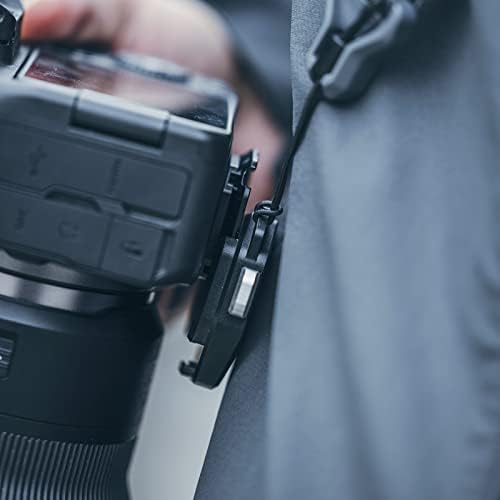Camera mounted securely on a backpack shoulder strap