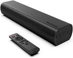 Bluedee soundbar showing dual bass radiators and sleek black design