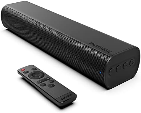 Bluedee soundbar showing dual bass radiators and sleek black design