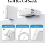 Premium 70W type C laptop charging block with its included fabric travel storage bag.