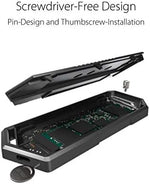 Screwdriver-free external storage enclosure showcasing the toolless setup mechanism and secure mounting system for multiple form factors.