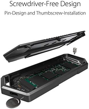 Screwdriver-free external storage enclosure showcasing the toolless setup mechanism and secure mounting system for multiple form factors.
