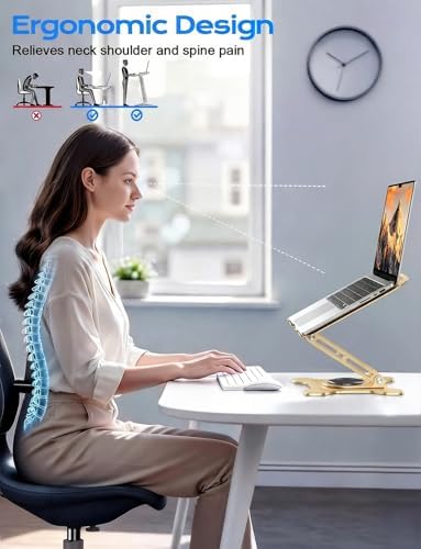 Side profile of gold JCZT notebook holder displaying dual hinge height adjustment mechanism