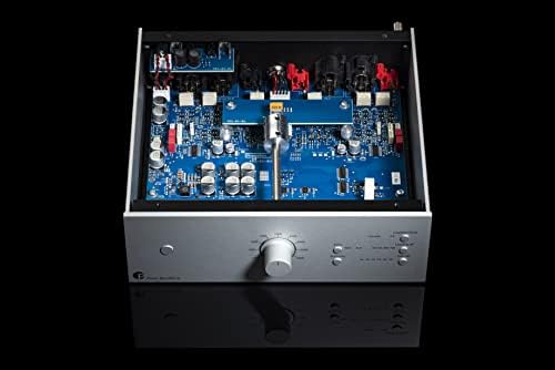 Pro-Ject discrete component phono preamplifier showcasing compact steel chassis construction.