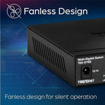 TRENDnet fanless silent operation 60Gbps switching capacity hardware close up
