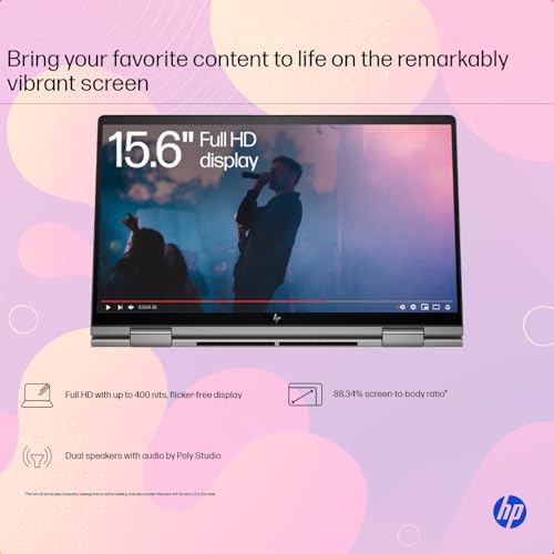 HP fifteen inch convertible touchscreen laptop resting on a desk in presentation stand mode.