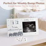 Wooden ultrasound photo frame with interchangeable countdown numbers for expecting parents.