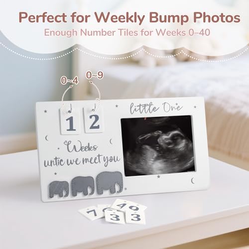 Wooden ultrasound photo frame with interchangeable countdown numbers for expecting parents.