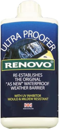 Renovo canvas cleaner bottle lifting grime and bird droppings from premium car soft tops.