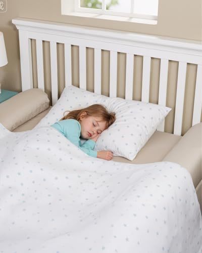 Parent inflating the soft blue flocking bed bumper for hotel room bed safety