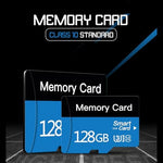Premium blue TF memory card being inserted into a complimentary black adapter sleeve.