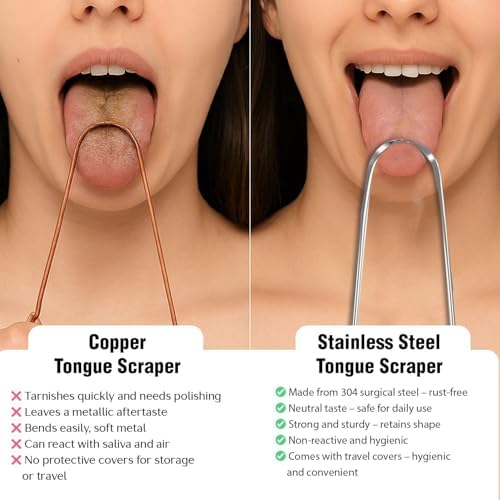 Pink Woolf metal tongue scraper showing unique identification mark engraving for family hygiene