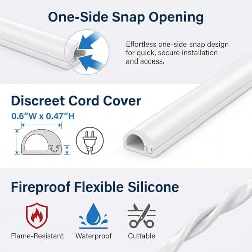 Annisite white silicone cord hider being cut to custom size using standard household scissors