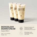 Three tubes of John Boos wood conditioner on a wooden board