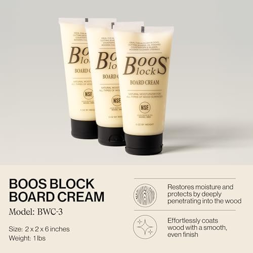 Three tubes of John Boos wood conditioner on a wooden board