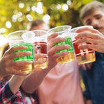 Pack of one hundred pieces Gatherfun football themed clear party cups.