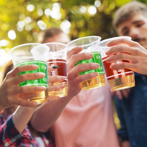 Pack of one hundred pieces Gatherfun football themed clear party cups.