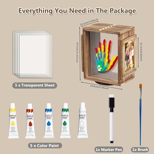Baby footprint kit materials including five non toxic paint bottles and clear sheets