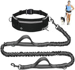 Adjustable waist belt dog running leash with dual padded handles.