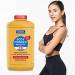 Talc-free cornstarch medicated powder bottle showing triple action relief benefits.