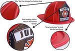Detail view of the firefighter badge on the molded paper hat