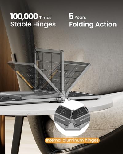 ProtoArc full size folding wireless keyboard partially folded to demonstrate the durable triple folding hinge mechanism.