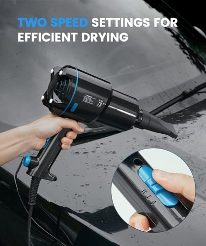 Raybao high velocity car detailing dryer highlighting the extra long 5 meter rubber power cord for garage use.