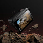 Scratch resistant tempered glass protector package for action camera touchscreens.