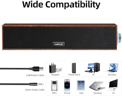 Uakinat brown wood desktop speaker showcase highlighting the natural wood shell material designed to deliver clear dialogue focused sound.