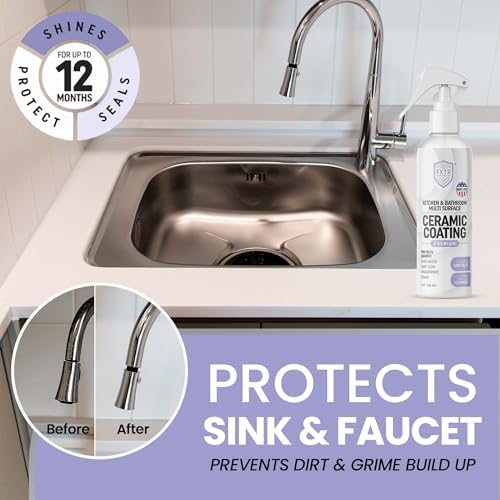 Before and after comparison of a bathroom sink surface protected by Fixture Shield hydrophobic spray.
