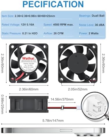 Wathai IP67 cooling fan side angle view detailing the compact 25mm thickness profile