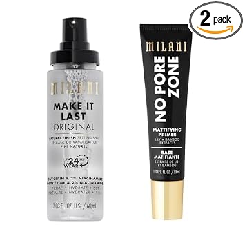 Milani setting spray and primer bundle front view showcasing authentic USA imported packaging.