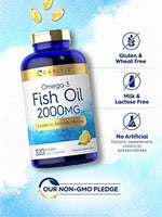 Gluten free purified fish oil dietary supplement bottle showing allergen free icons