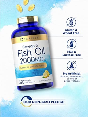 Gluten free purified fish oil dietary supplement bottle showing allergen free icons